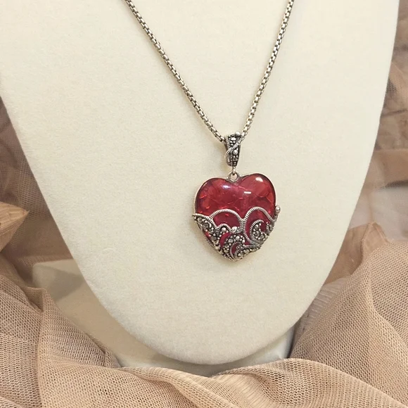 Ross Simons Vintage Sterling Silver 80s Marcasite & Red Glass Heart Pendant ONLY - Picture 3 of 8